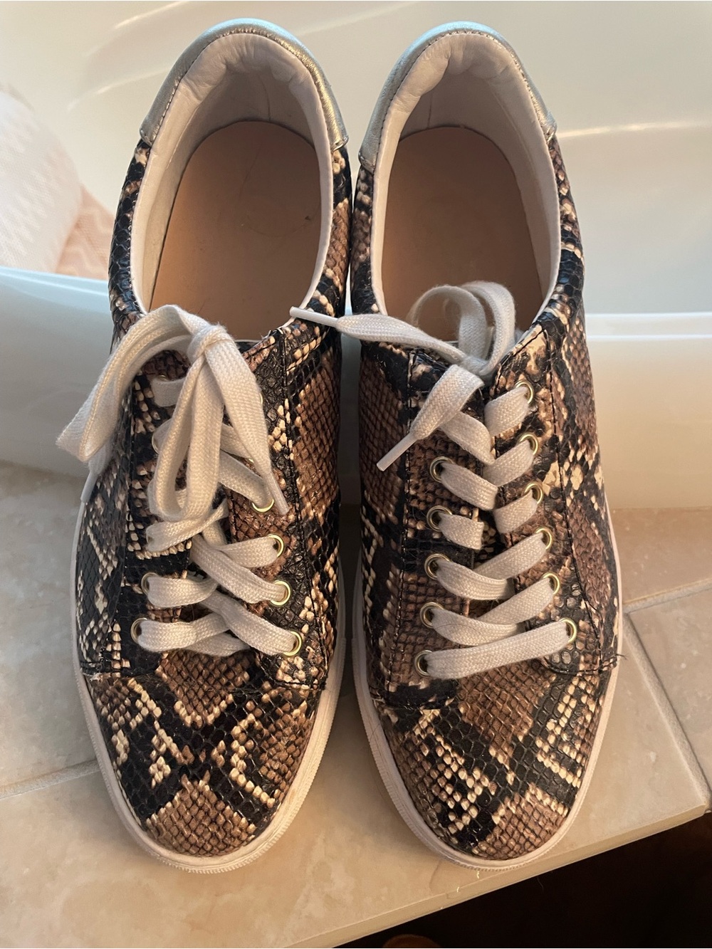 1901 Women's Snake-Print Lace-Up Sneakers in Brown and White